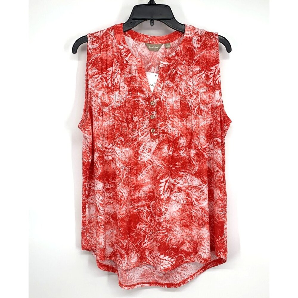 Coral Bay Top Floral Paisley Sleeveless V Neck Button Red Pleated